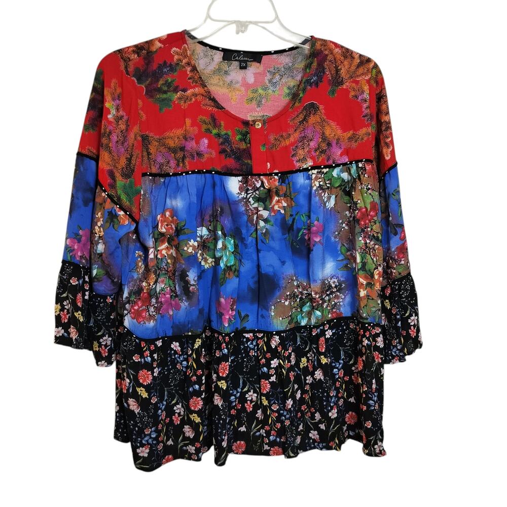 4462)Calesaa Multiprint  Boho Floral Bell Sleeve Tiered Blouse Plus 2X
